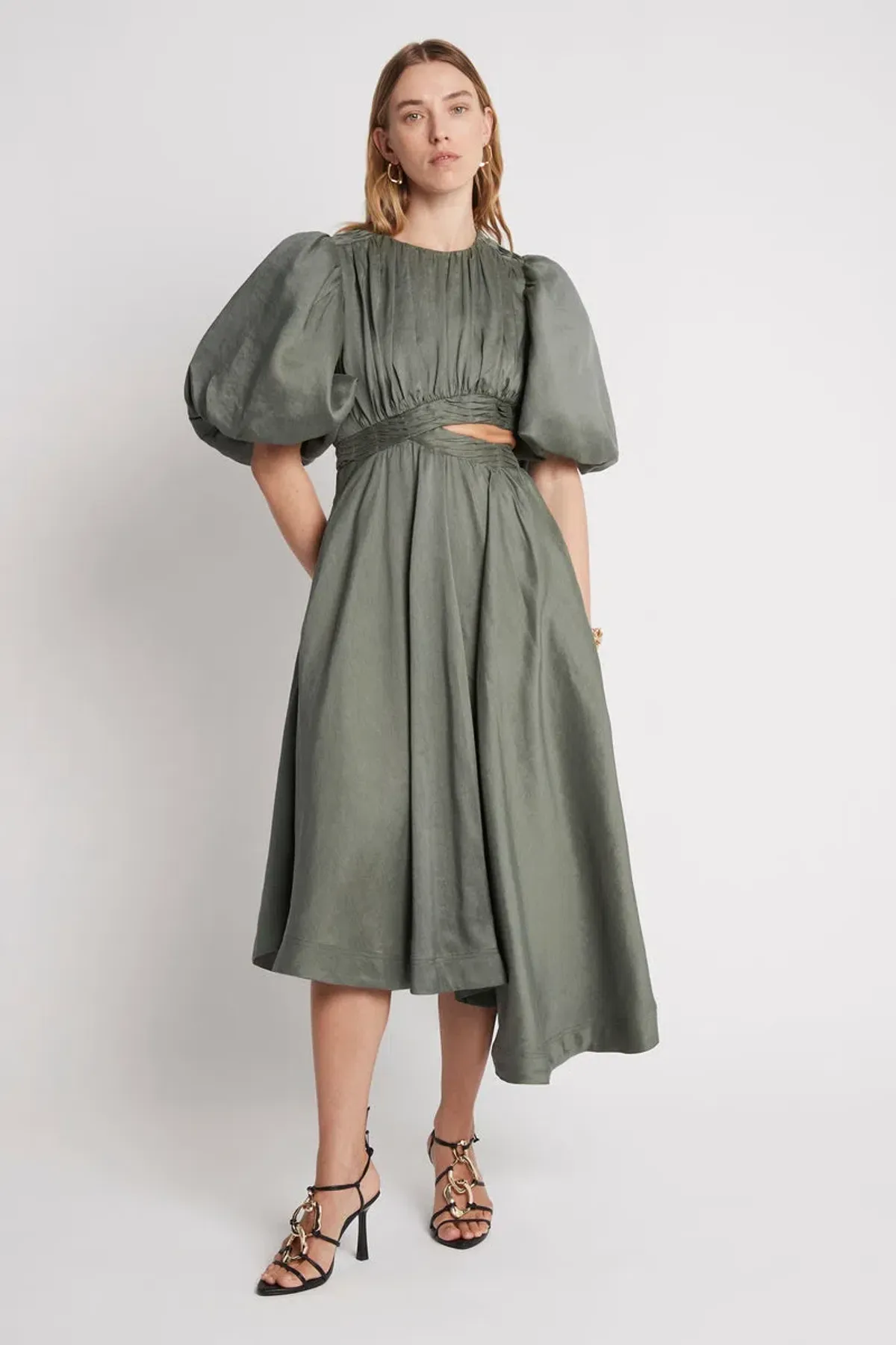 Aje Tidal Tucked Cut Out Midi Dress Green Size 8 for rent on The Volte - main image