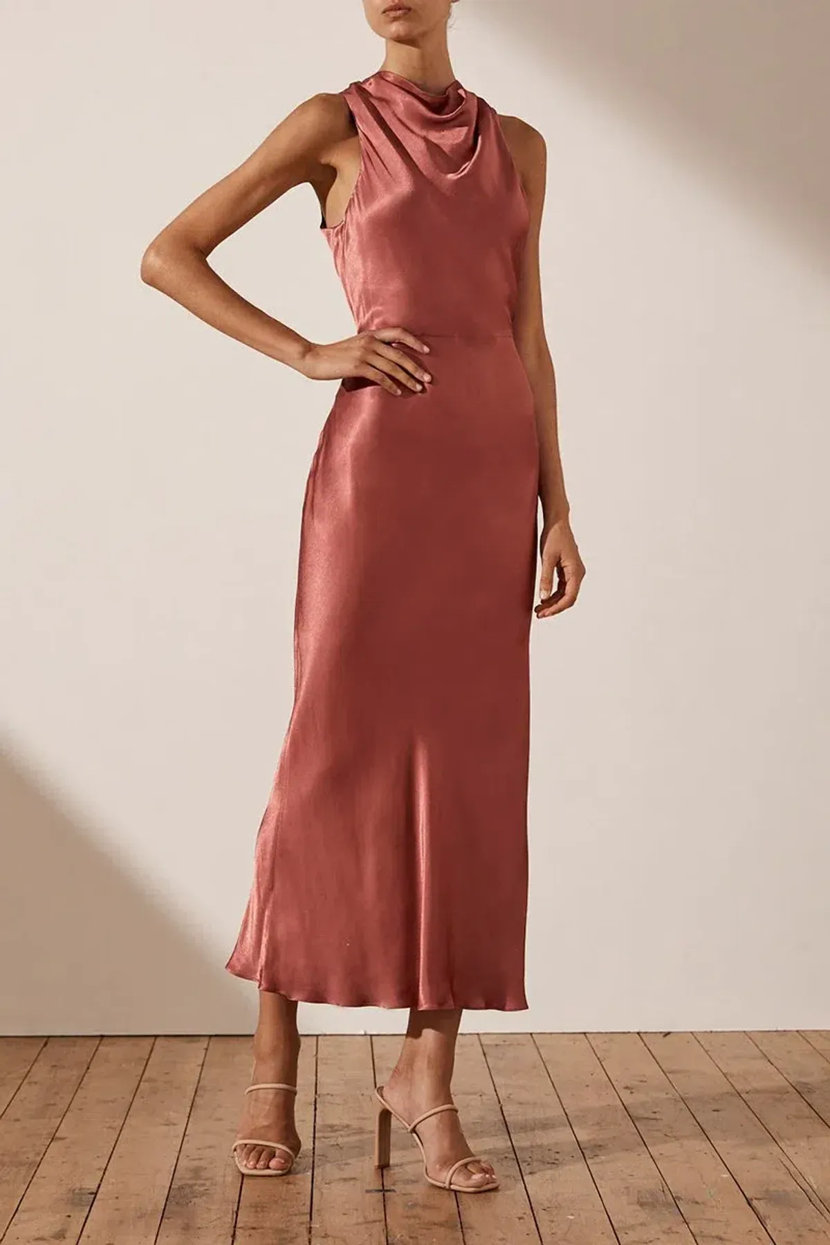 Shona Joy La Lune High Neck Midi Dress Terracotta Red Size AU 10 for rent on The Volte - main image