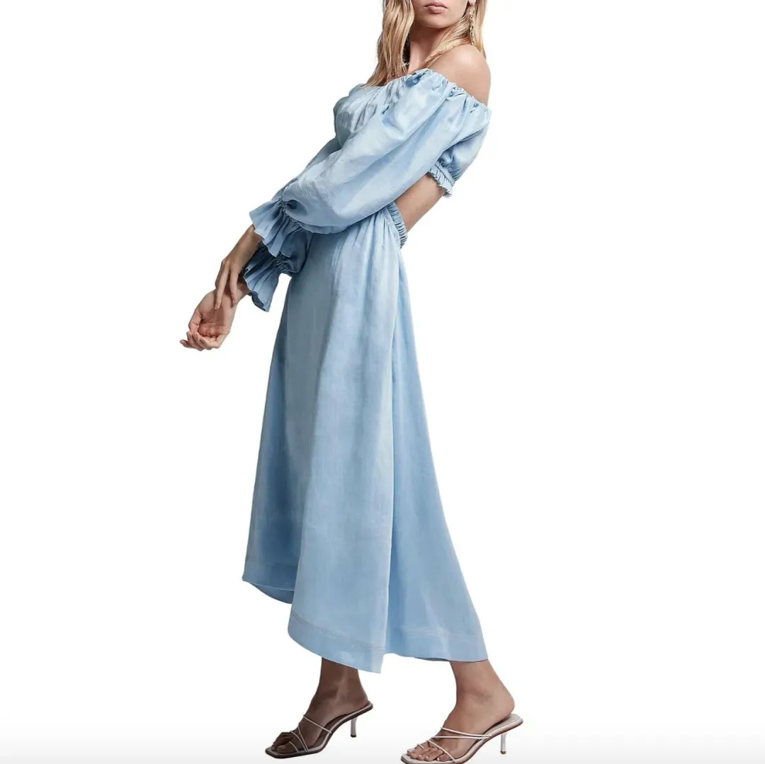 Aje Overture Blouson Midi Dress Off Shoulder Blue Size AU 4 for rent on The Volte - main image