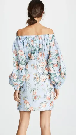 Zimmermann Bowie Off Shoulder Mini Dress Blue Floral Size 8 for rent on The Volte - image 3