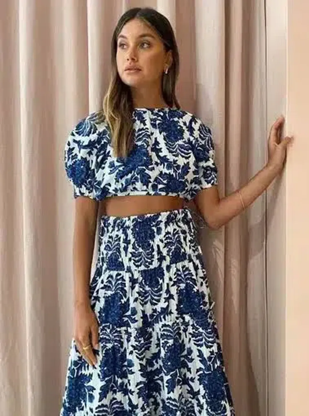 Shona Joy Diana Open Back Crop Top And Shirred Midi Skirt Set Print Size 8 for rent on The Volte - main image