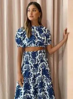 Shona Joy Diana Open Back Crop Top And Shirred Midi Skirt Set Print Size 8 for rent on The Volte - image 3