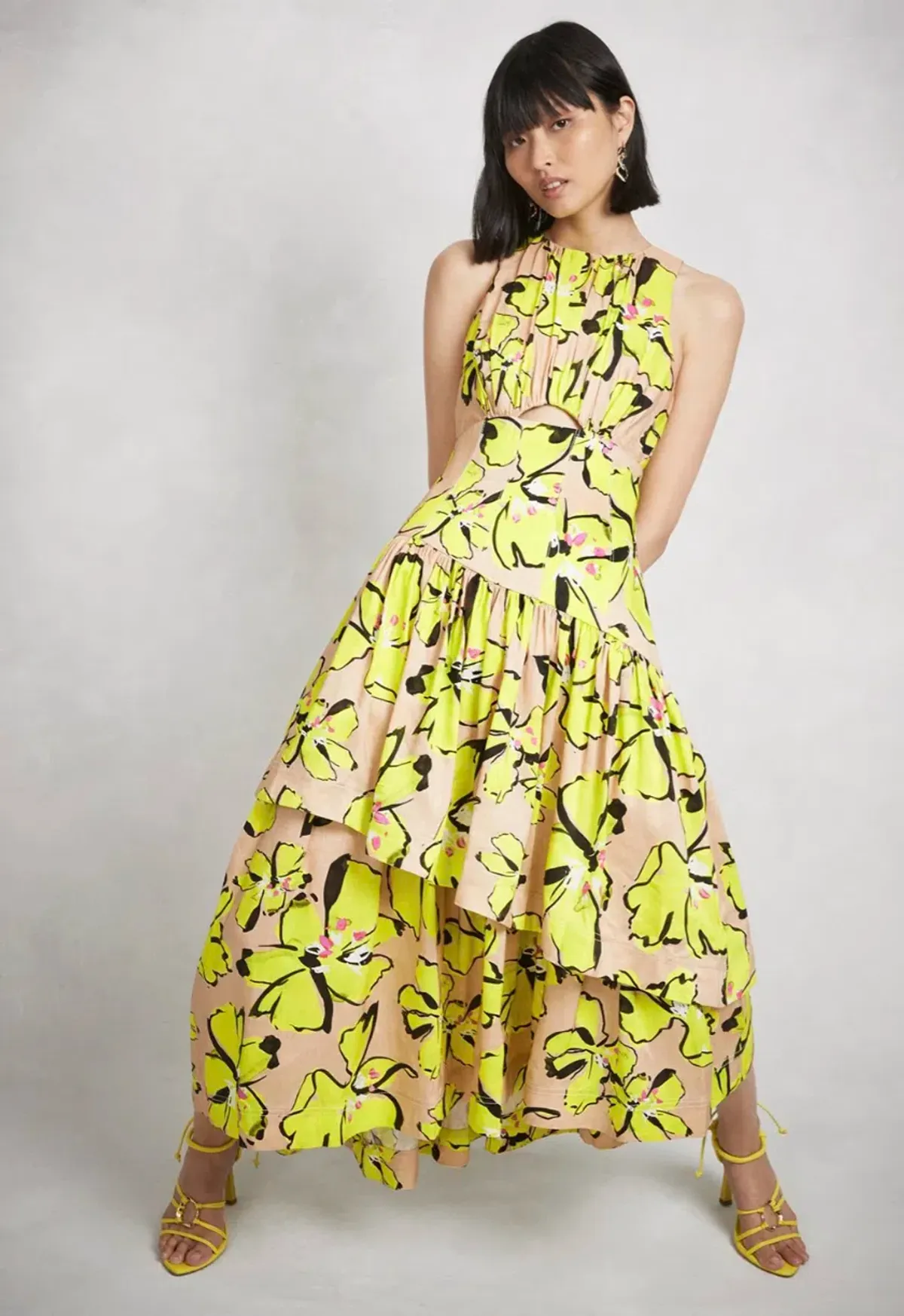 AJE Pelicano Racer Asymmetric Tiered Dress Citrus Bloom Size 10 for rent on The Volte - main image