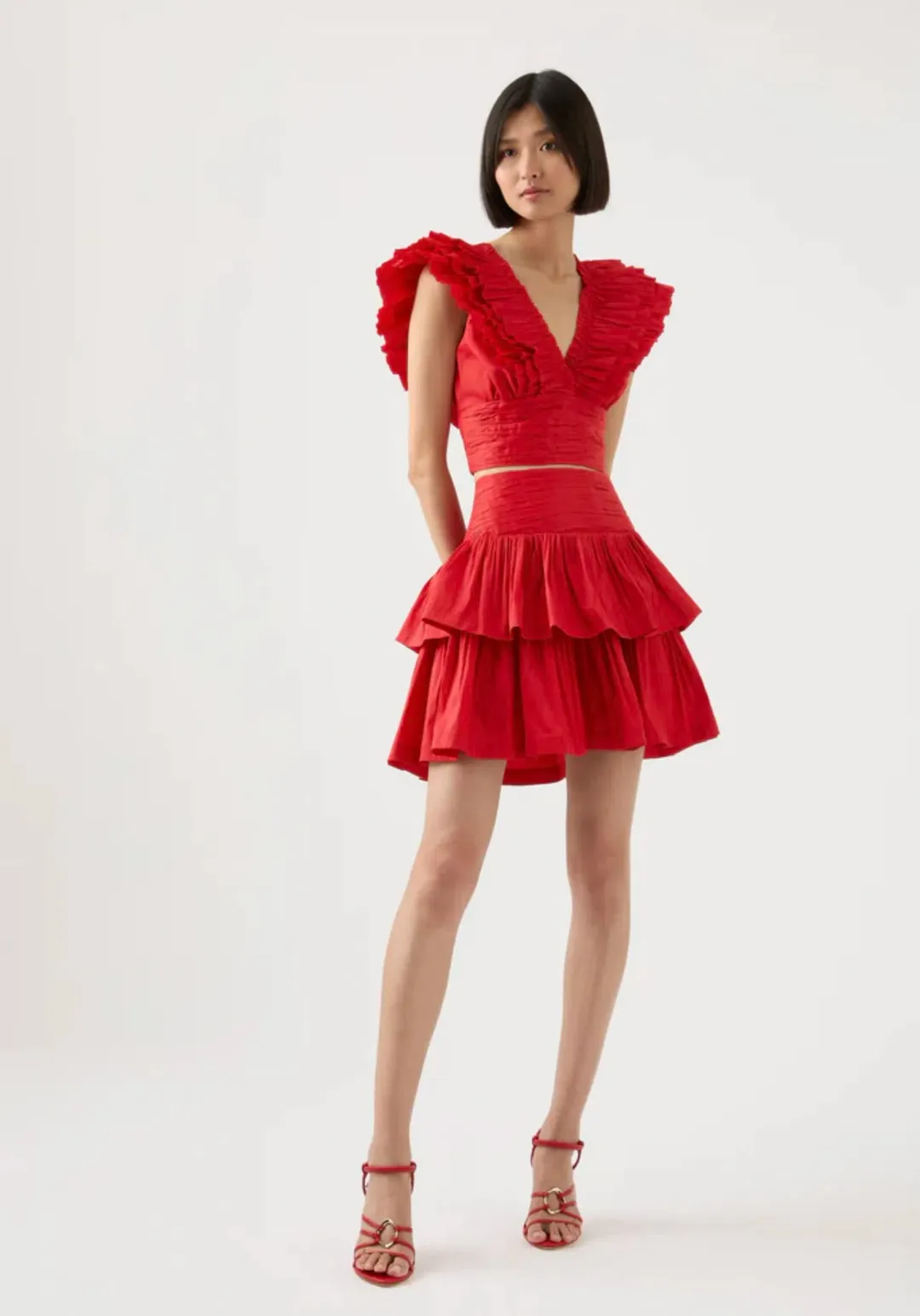 Aje Rhythmic Frill Bodice & Tiered Mini Skirt Set Scarlet Size 10 for rent on The Volte - main image