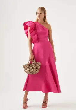 Aje Bonjour Asymmetric Midi Dress Fuchsia Size 10 for rent on The Volte - image 1