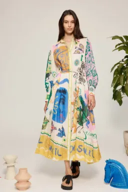 Alemais Soleil Patchwork Midi Shirtdress Long Sleeve in Cream Size AU 6 for rent on The Volte - image 1