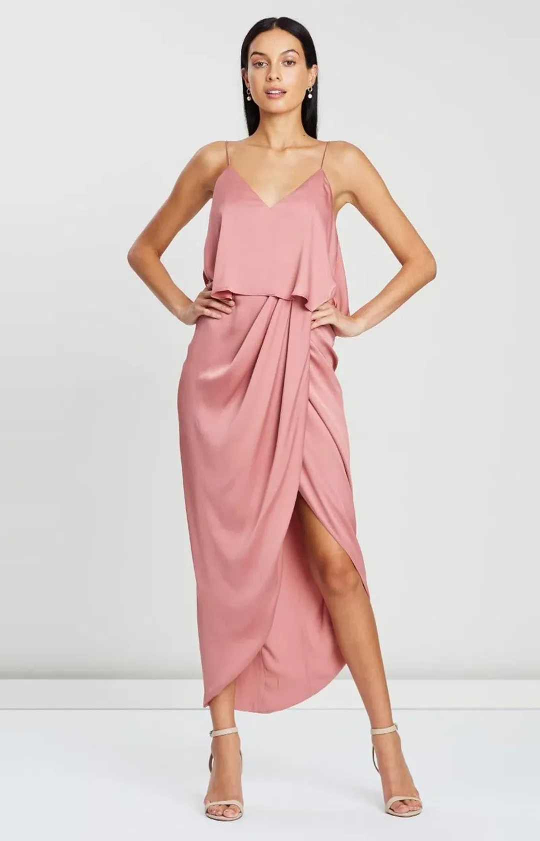 Shona Joy Luxe Draped Cocktail Frill Dress in Rose Size 10 for rent on The Volte - main image
