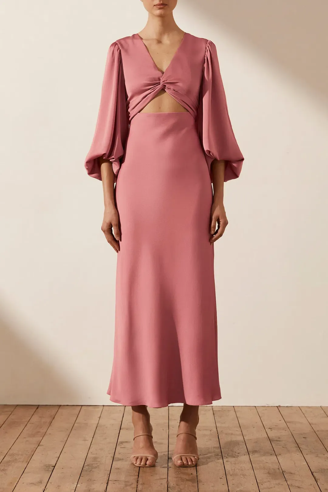 Shona Joy Luxe Twist Front Balloon Sleeve Midi Dress Pink Size 6 / XS for rent on The Volte - main image