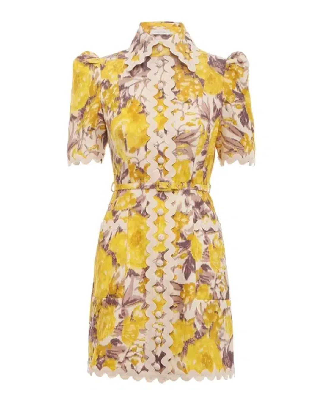 Zimmermann The High Tide Ric Rac Mini Dress in Yellow Ikat Floral  Size 0/Au 8  for rent on The Volte - main image