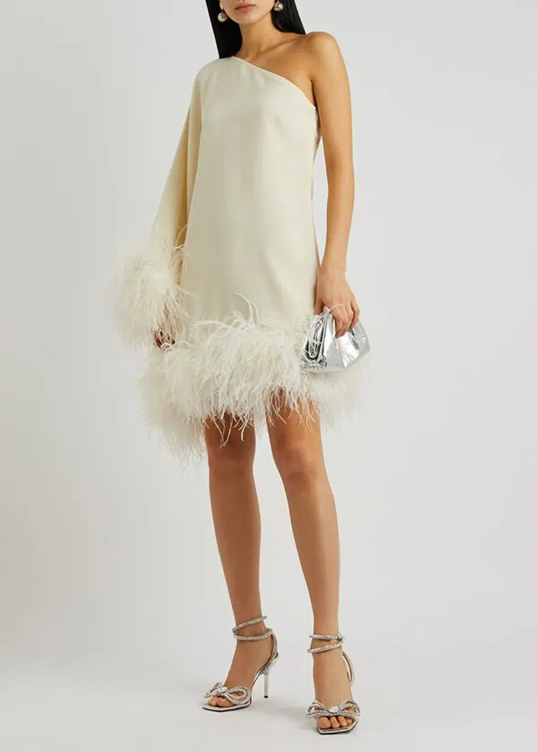 Taller Marmo Piccolo Ivory Feather Trimmed One Shoulder Mini Dress Ivory Size 10  for rent on The Volte - main image