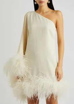 Taller Marmo Piccolo Ivory Feather Trimmed One Shoulder Mini Dress Ivory Size 10  for rent on The Volte - image 2