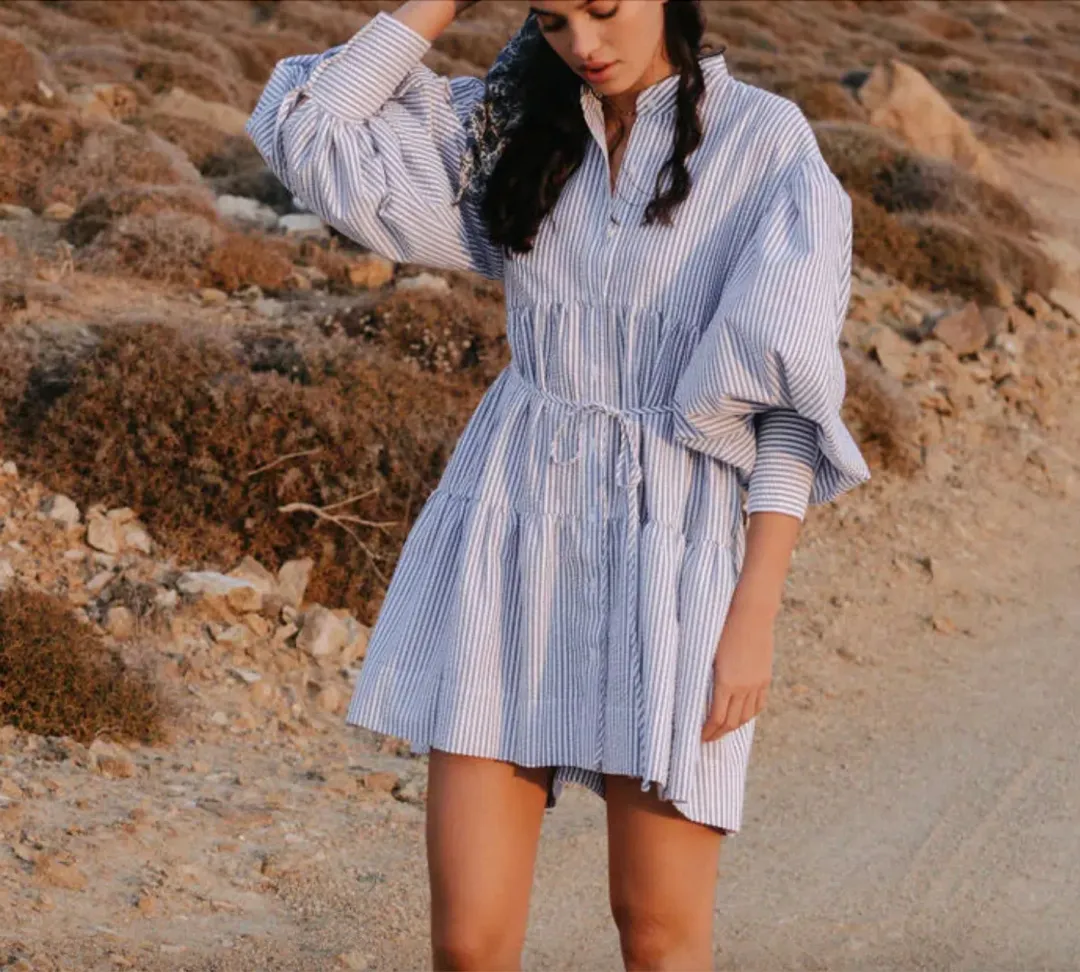 Shona Joy Roberta Balloon Sleeve Tiered Mini Dress Blue Size 12 / L for rent on The Volte - main image