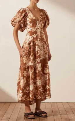 Shona Joy Capucine Linen Plunged Short Sleeve Midi Dress Almond Size 10 / M for rent on The Volte - image 2