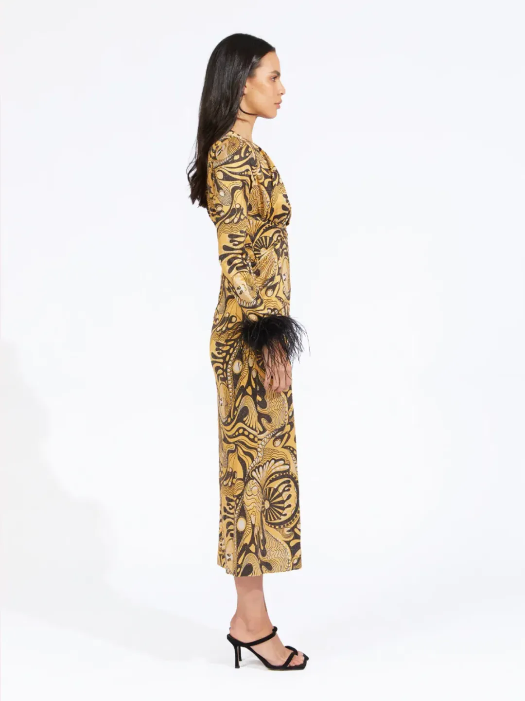 Alice McCall Feather Midi Dress Gold Dust Size AU 6 for rent on The Volte - main image