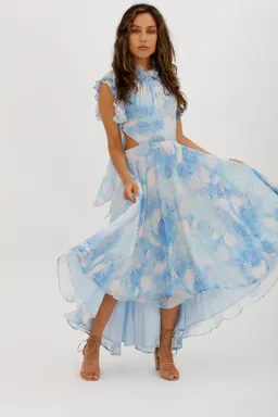 Leo Lin Oceana Open-back Gathered Printed Silk-chiffon Midi Dress In Blue Size AU 10 for rent on The Volte - image 1