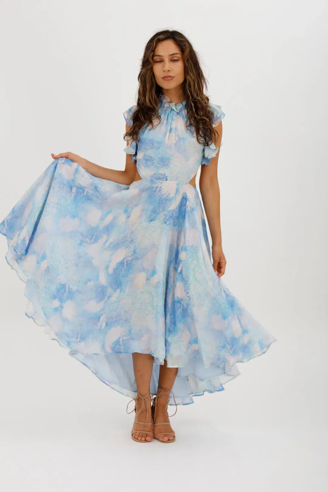Leo Lin Oceana Open-back Gathered Printed Silk-chiffon Midi Dress In Blue Size AU 10 for rent on The Volte - main image
