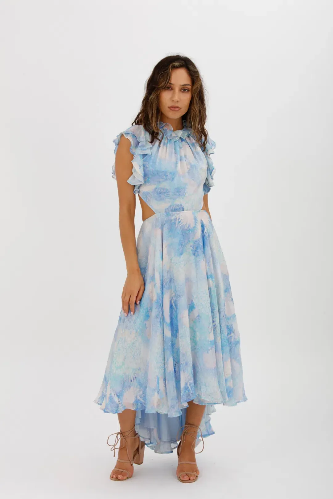 Leo Lin Oceana Open-back Gathered Printed Silk-chiffon Midi Dress In Blue Size AU 10 for rent on The Volte - main image