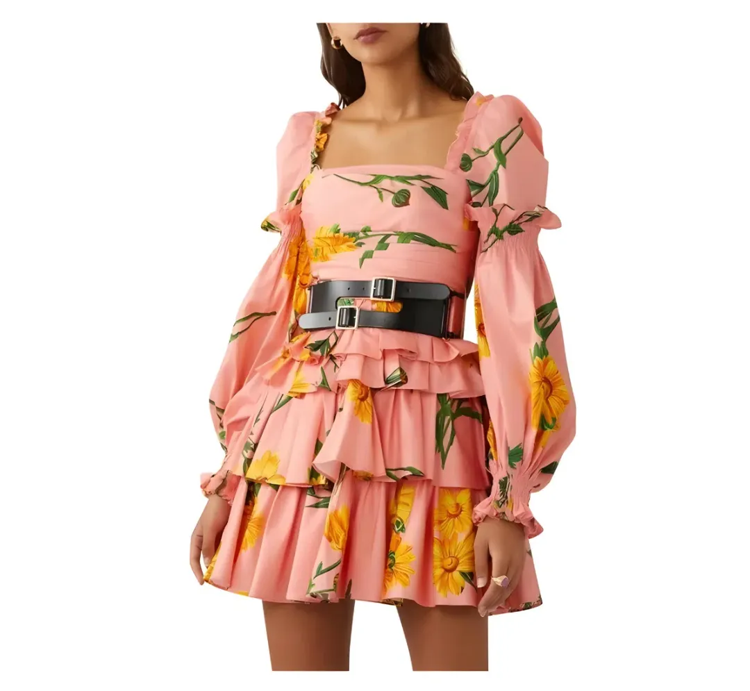 Leo Lin Marguerite Rose Long Sleeve Mini Dress Rose Print Size AU 8 for rent on The Volte - main image
