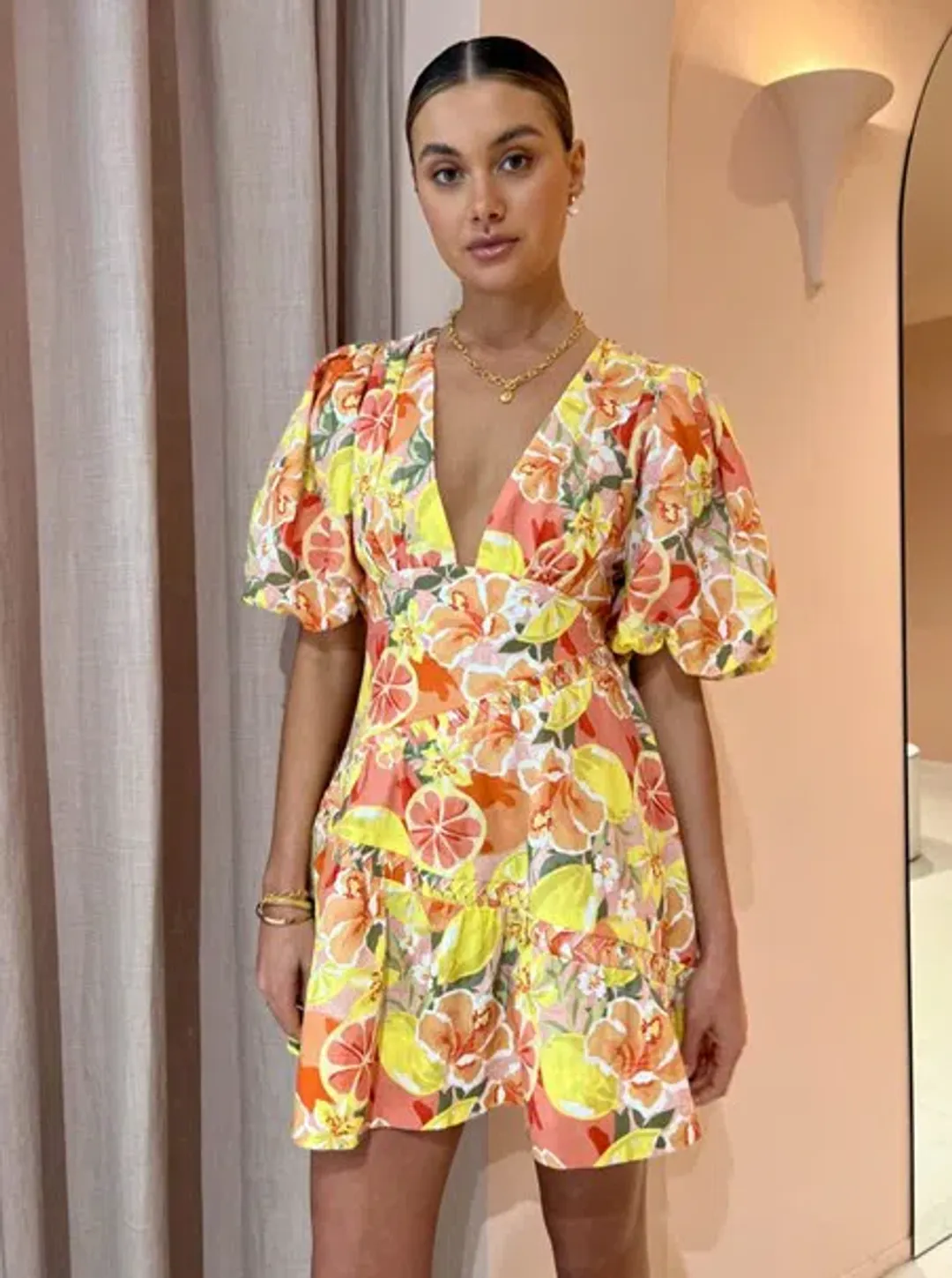 By Nicola Sol Puff Sleeve Mini Dress In Citrus Print Orange Size AU 8 for rent on The Volte - main image