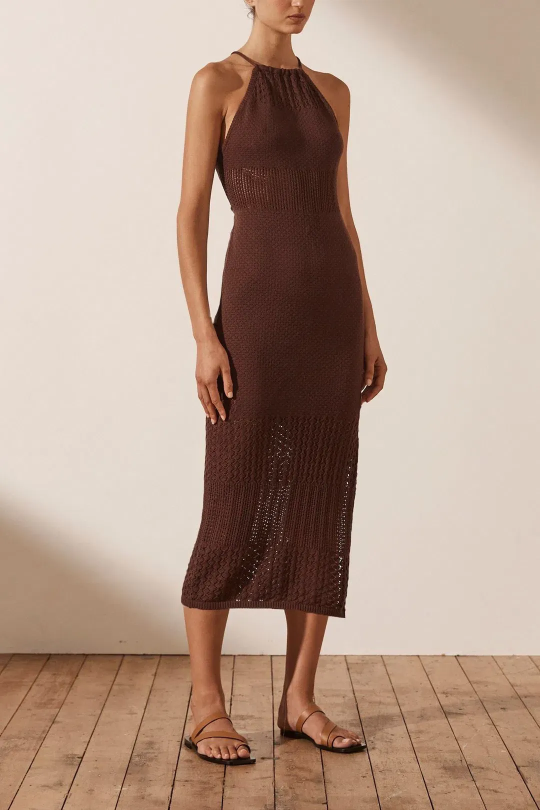 Shona Joy Calypso Crochet Open Back Midi Dress Brown Size S / Au 8 for rent on The Volte - main image