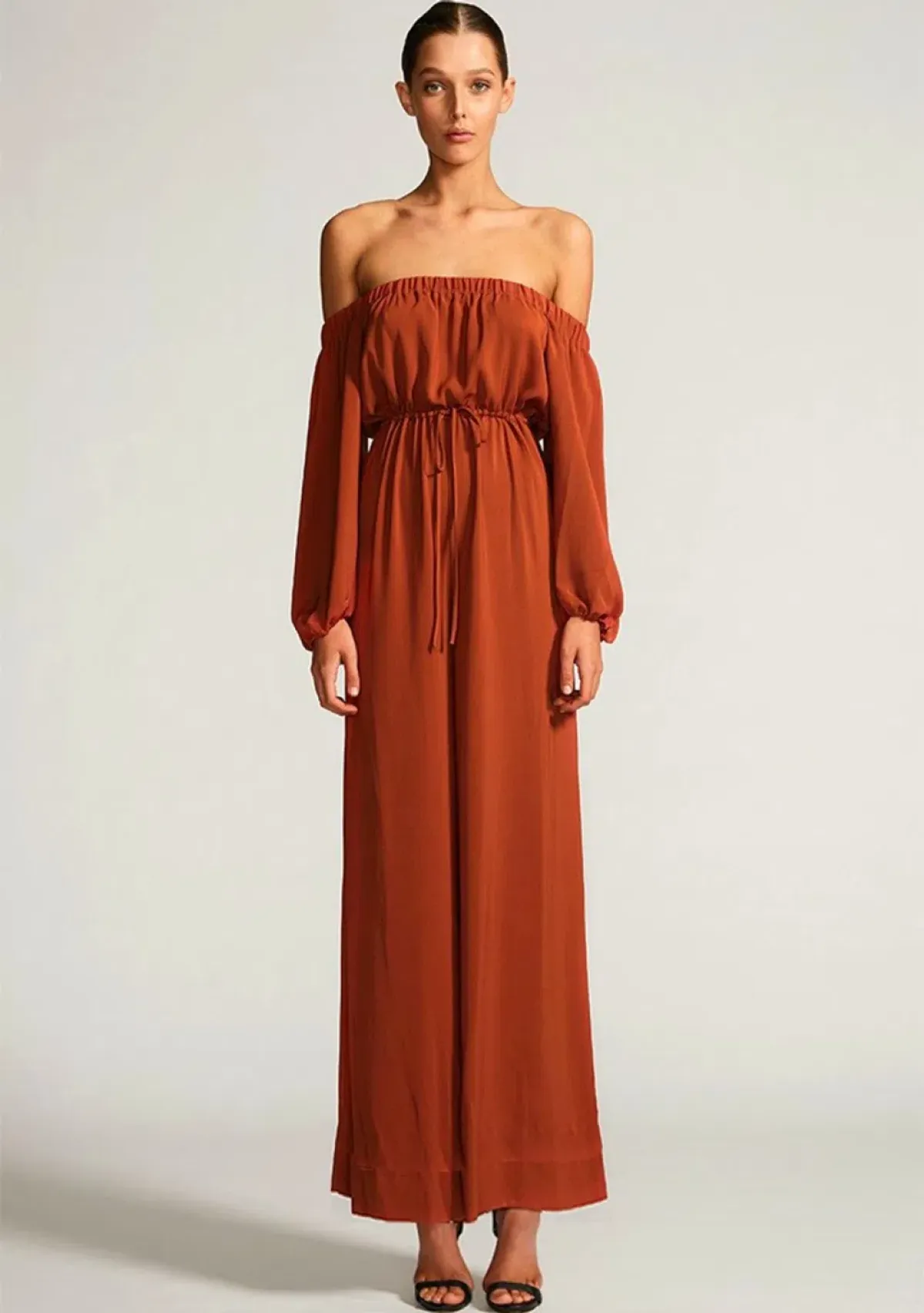 Shona Joy Off The Shoulder Jumpsuit Rust  Size 8 for rent on The Volte - main image