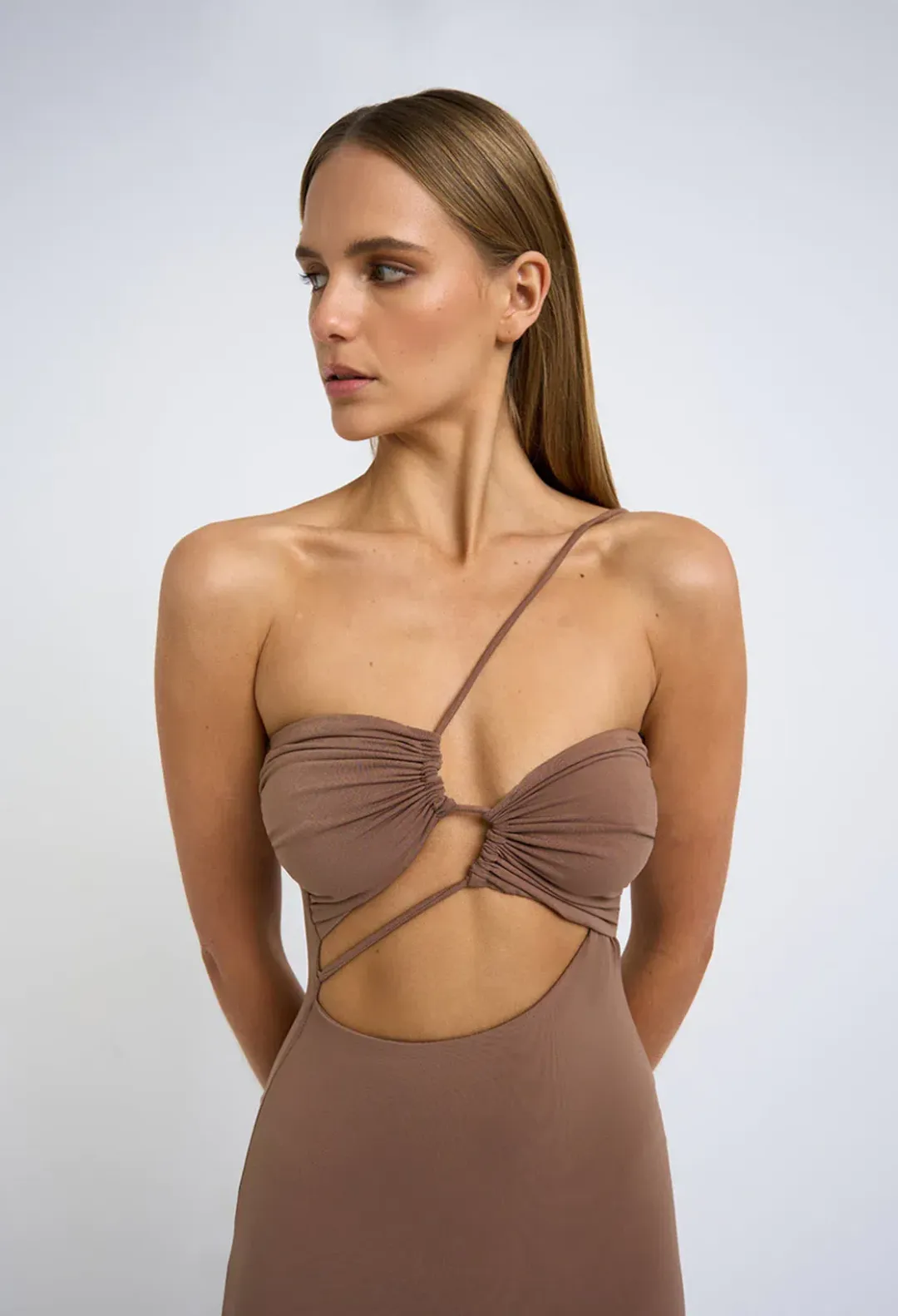 By Johnny Siya Slice Gather Midi Dress Tan Size 12 / L for rent on The Volte - main image