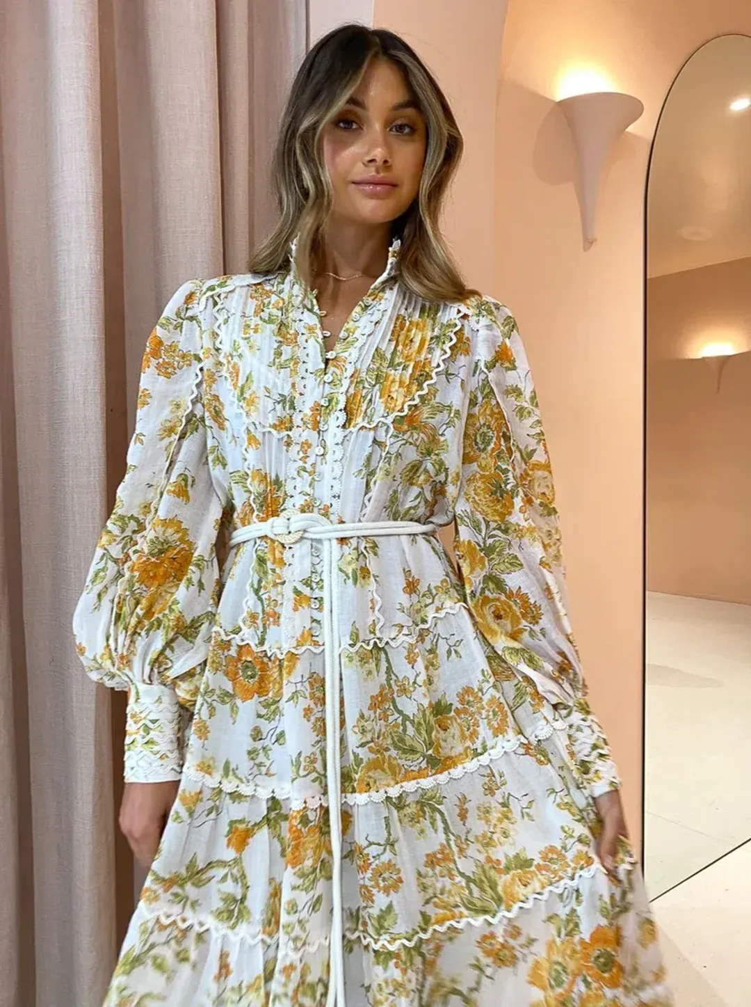 Alemais Songbird Tiered Midi Dress Citrus Size 8 for rent on The Volte - main image