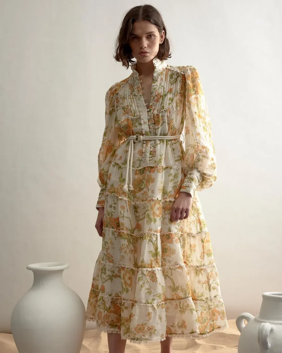 Alemais Songbird Tiered Midi Dress Citrus Size 8 for rent on The Volte - main image