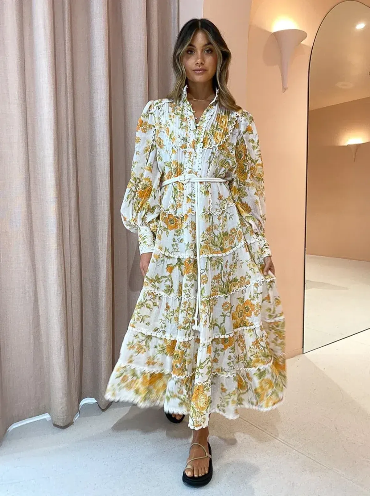 Alemais Songbird Tiered Midi Dress Citrus Size 8 for rent on The Volte - main image