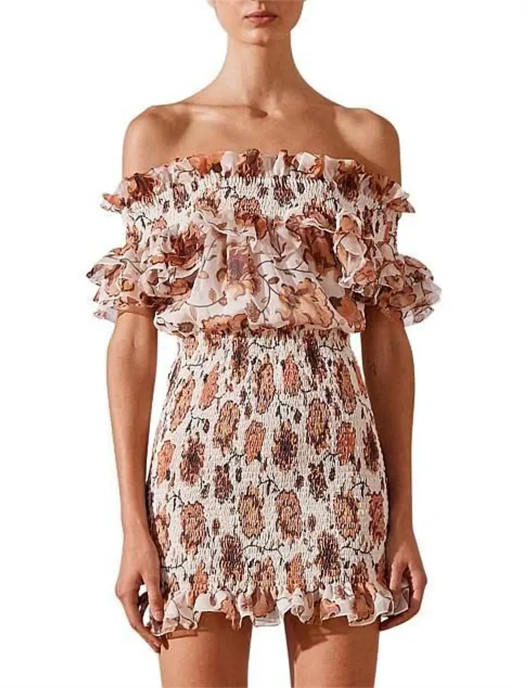 Shona Joy Baez Off The Shoulder Shirred Mini Dress Print Size 8 for rent on The Volte - main image