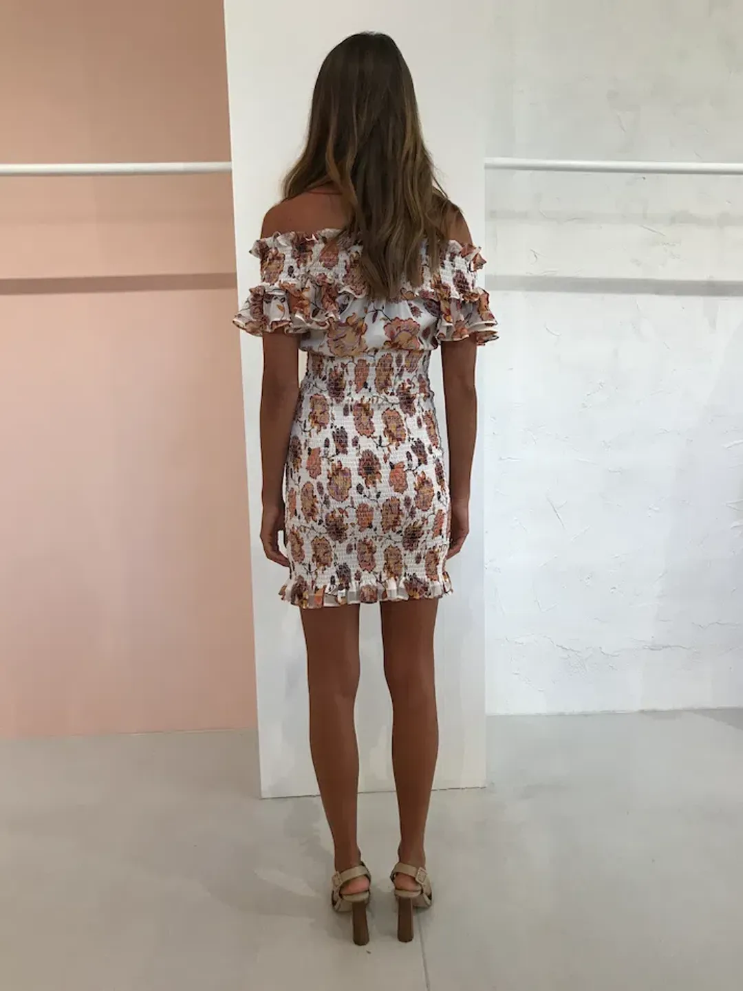 Shona Joy Baez Off The Shoulder Shirred Mini Dress Print Size 8 for rent on The Volte - main image