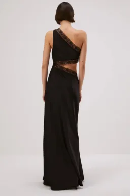 Misha Collection Jillian Satin Maxi Dress With Lace Cut Out One Shoulder Detail Asymmetric Black Sir the Label Style Size AU 8 for rent on The Volte - image 4