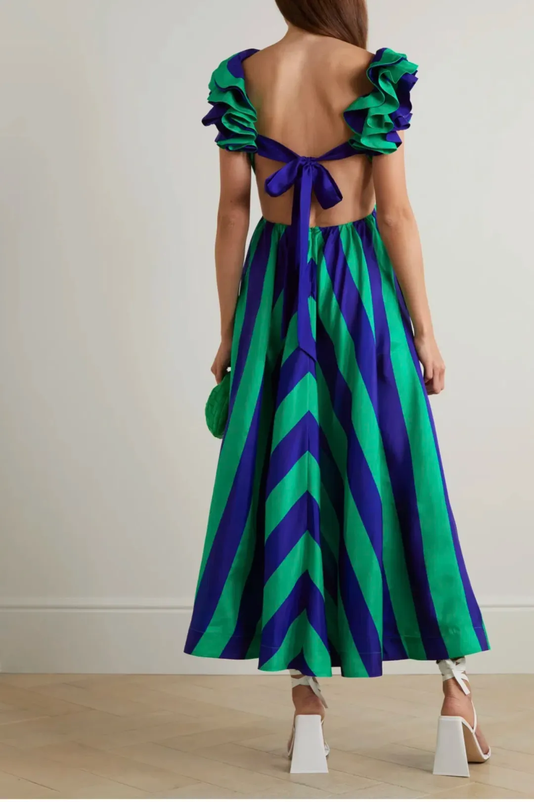 Zimmermann Tiggy Frill Shoulder Dress Navy/Green Stripe Size 2 / AU 12 for rent on The Volte - main image