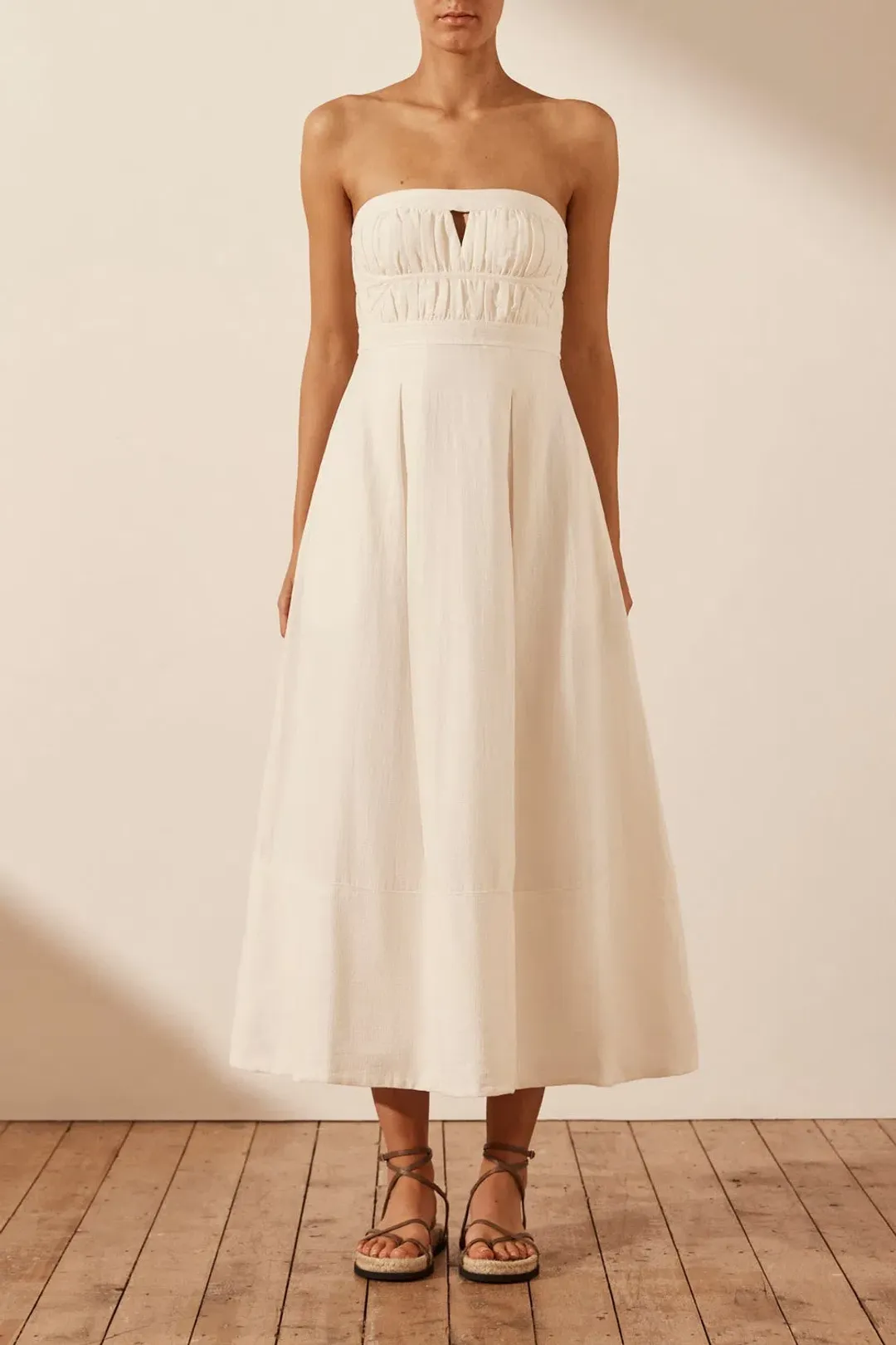 Shona Joy Akua Strapless Bustier Midi Dress Coconut Size 12 for rent on The Volte - main image