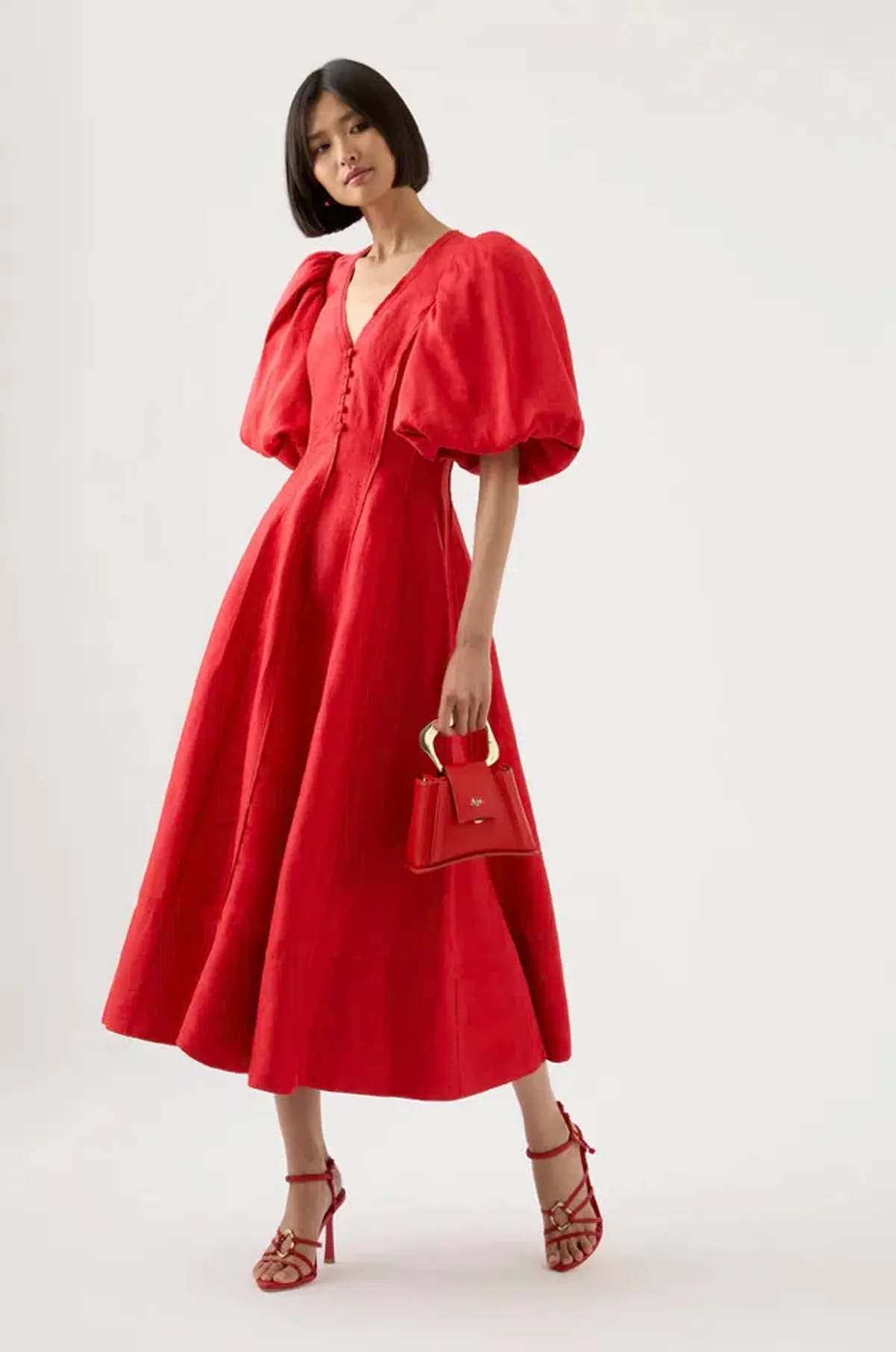 Aje Dusk Puff Sleeve Midi Dress Red Size 12 / L for rent on The Volte - main image
