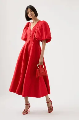 Aje Dusk Puff Sleeve Midi Dress Red Size 12 / L for rent on The Volte - image 1