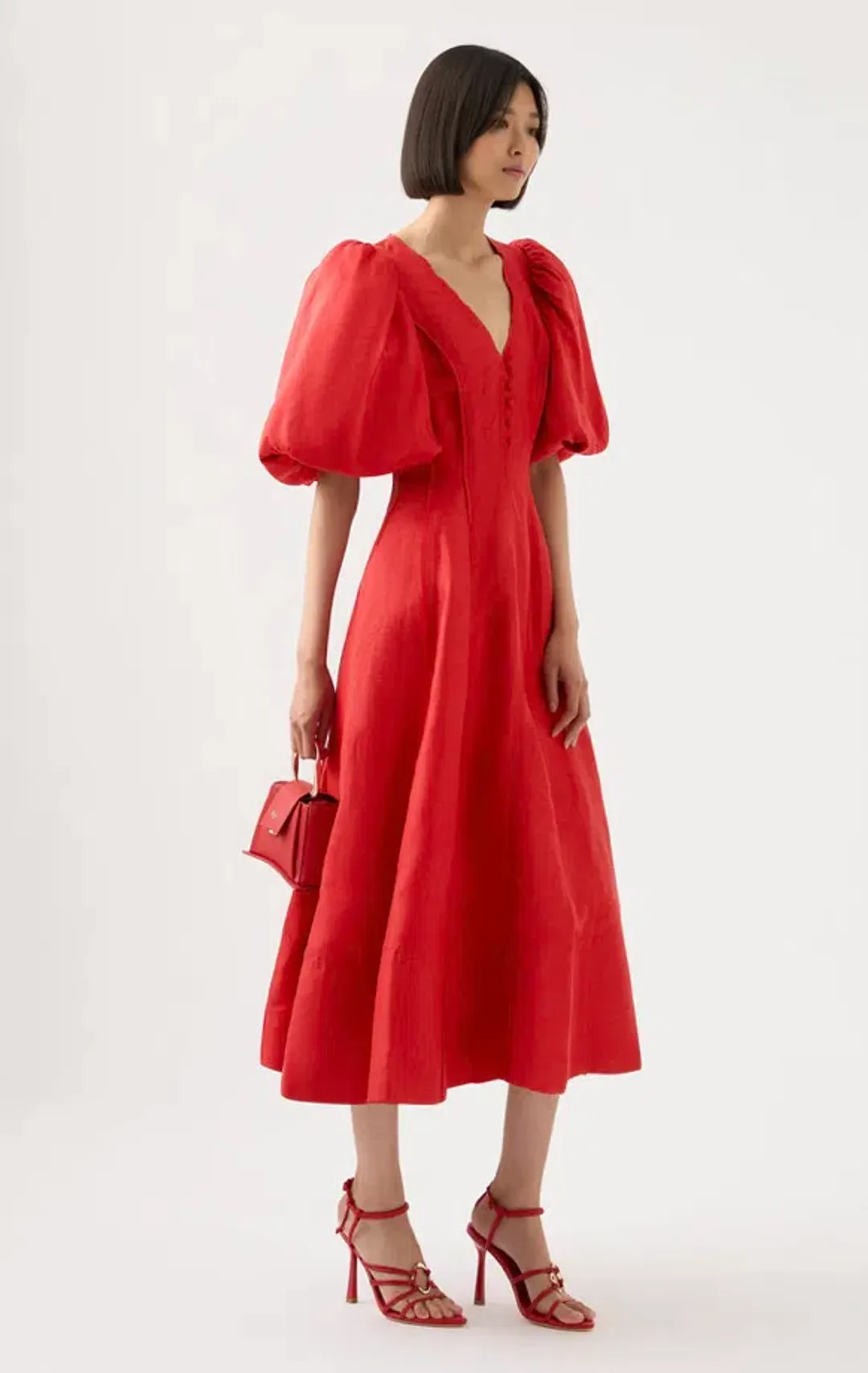 Aje Dusk Puff Sleeve Midi Dress Red Size 12 / L for rent on The Volte - main image