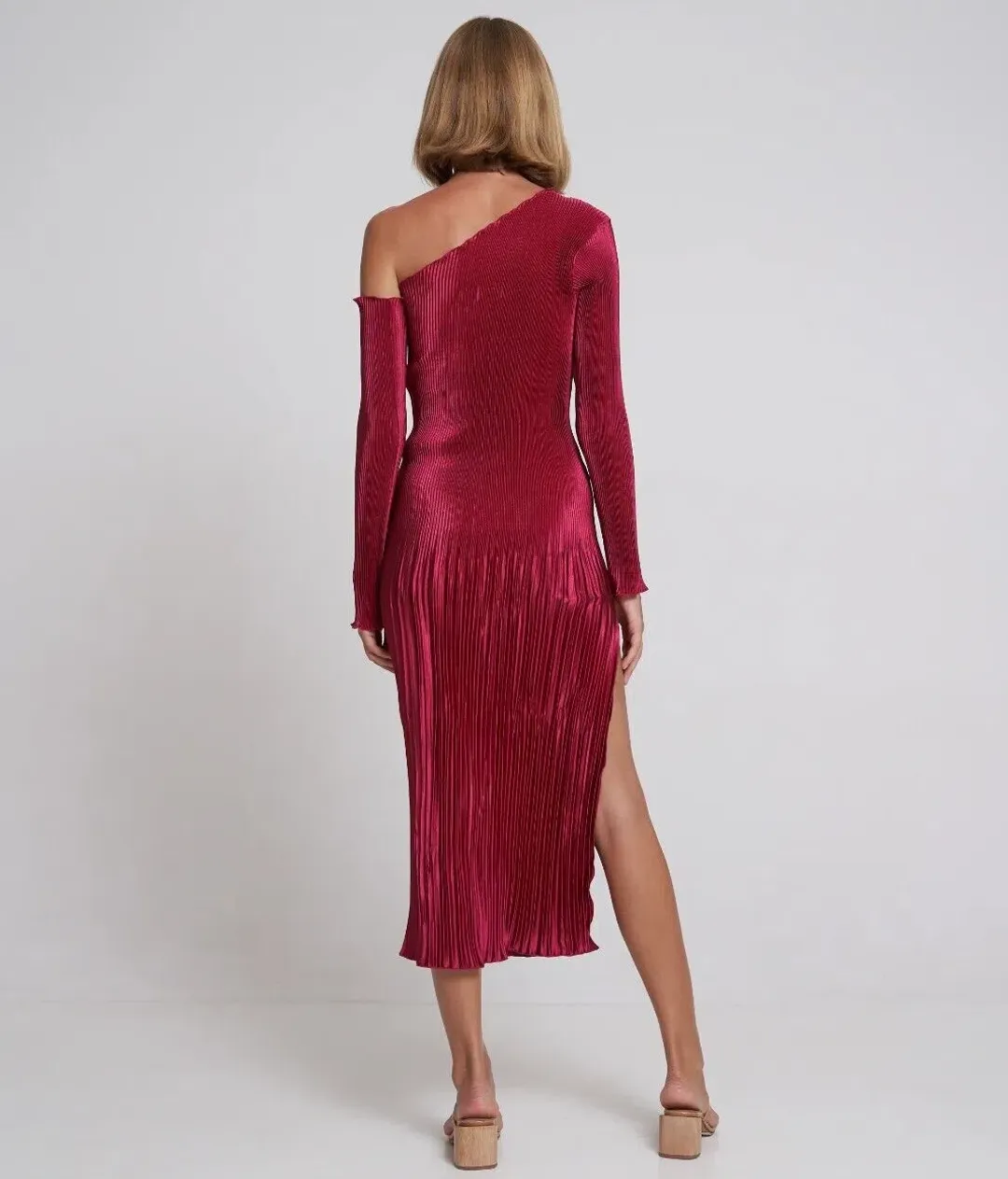 L'idee Soiree Gigi Pleated One Sleeve Cold Shoulder Gown Dress Ruby Red Size 8 / S for rent on The Volte - main image