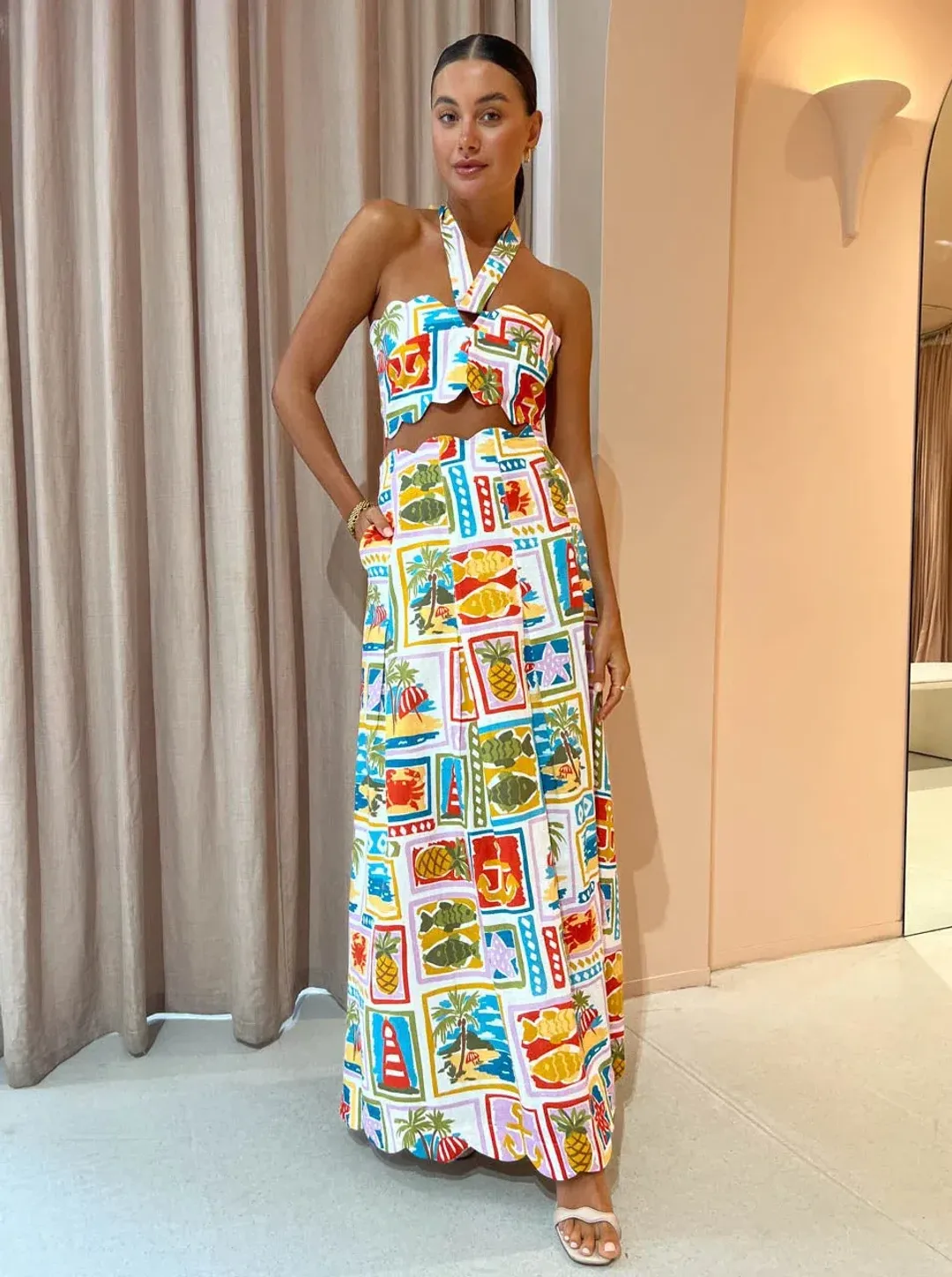 By Nicola Sea Change Top & Maxi Skirt In Summer Vacation Print Size AU 8 for rent on The Volte - main image