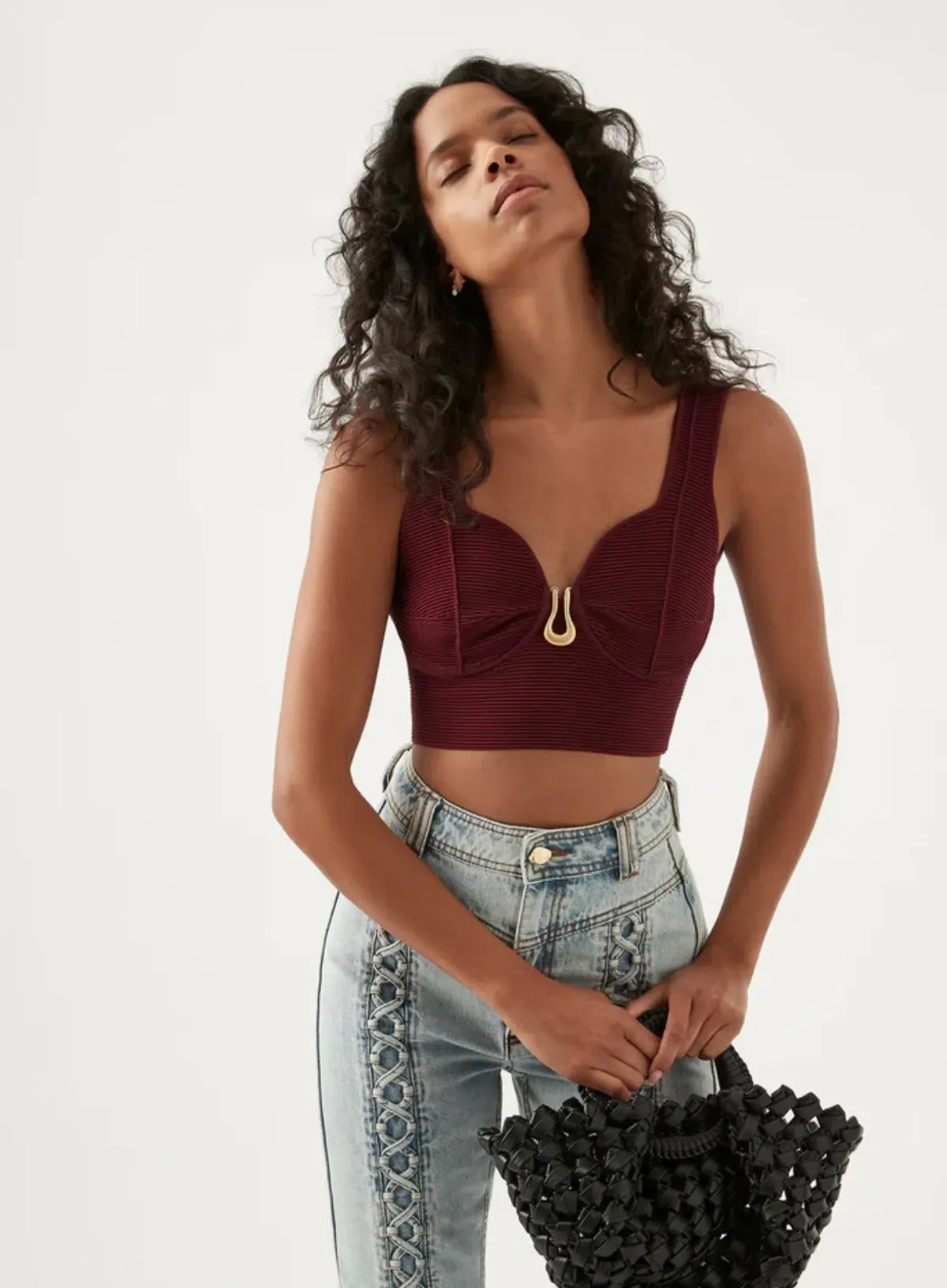 Aje Clay Sculptural Knit Bralette Burgundy Size AU 8 for rent on The Volte - main image