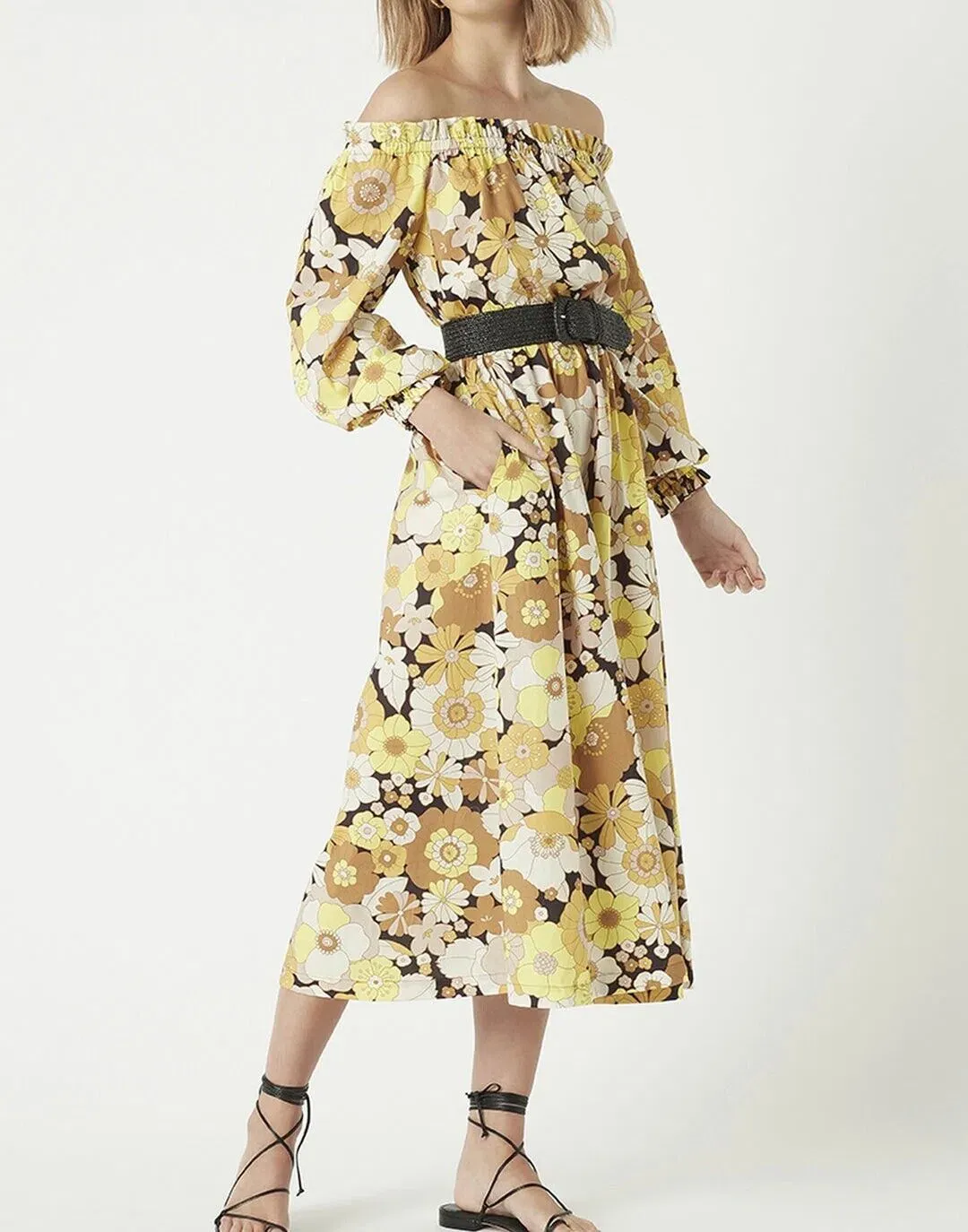 Rebecca Vallance Fiore Midi Cotton Dress Yellow Sunflower Floral Size AU 8  for rent on The Volte - main image