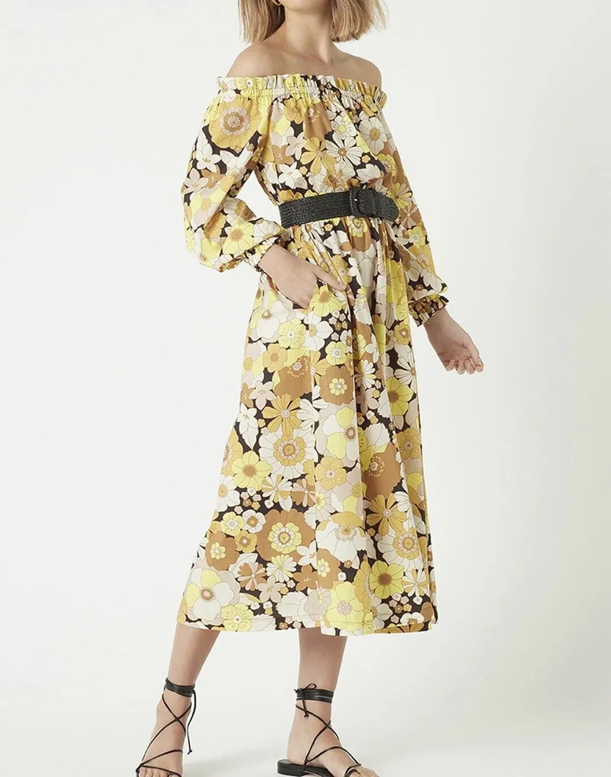 Rebecca Vallance Fiore Midi Cotton Dress Yellow Sunflower Floral Size AU 8  for rent on The Volte - main image