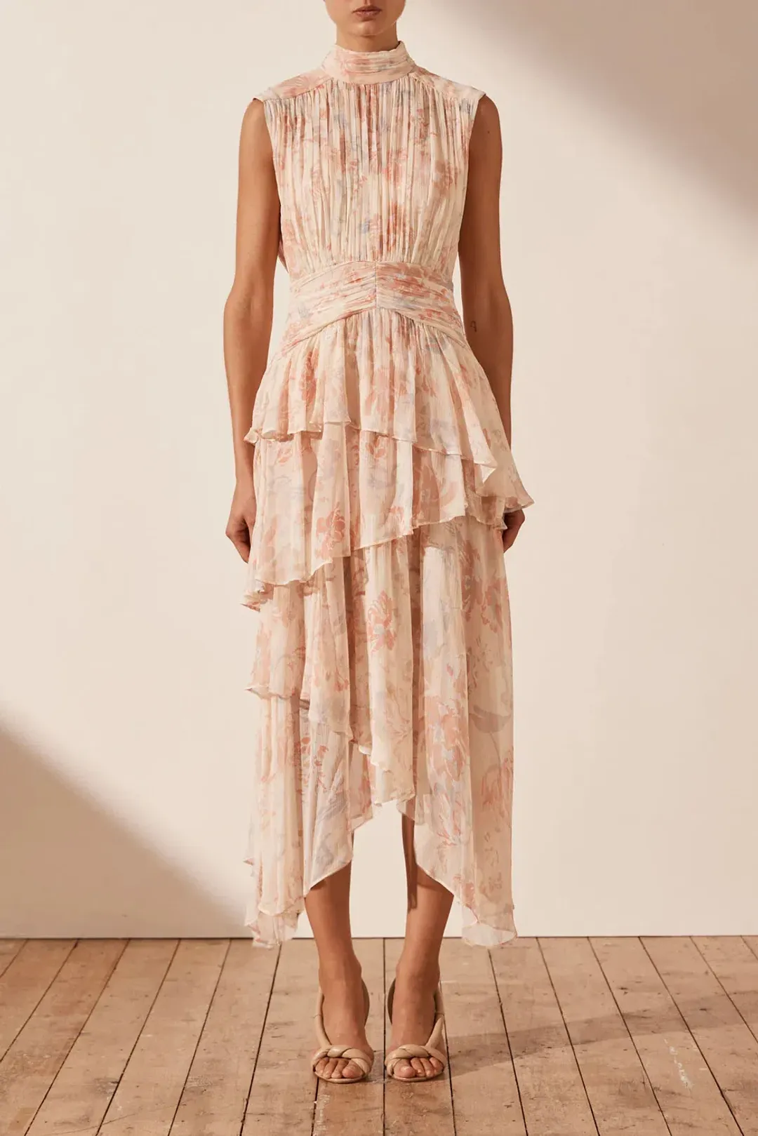 Shona Joy High Neck Midi Dress Faye Sleeveless Ruched Midi Dress in Blush Size AU 6 for rent on The Volte - main image