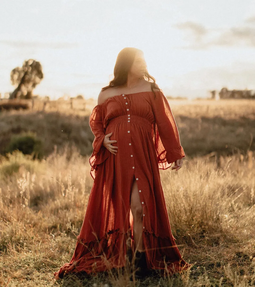 We Are Reclamation Ruffle Me Open Gown in Rust One Size Fits Most  for rent on The Volte - main image