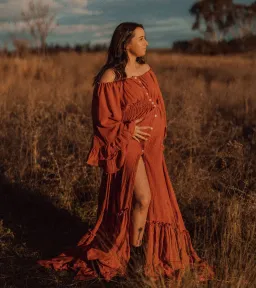 We Are Reclamation Ruffle Me Open Gown in Rust One Size Fits Most  for rent on The Volte - image 7