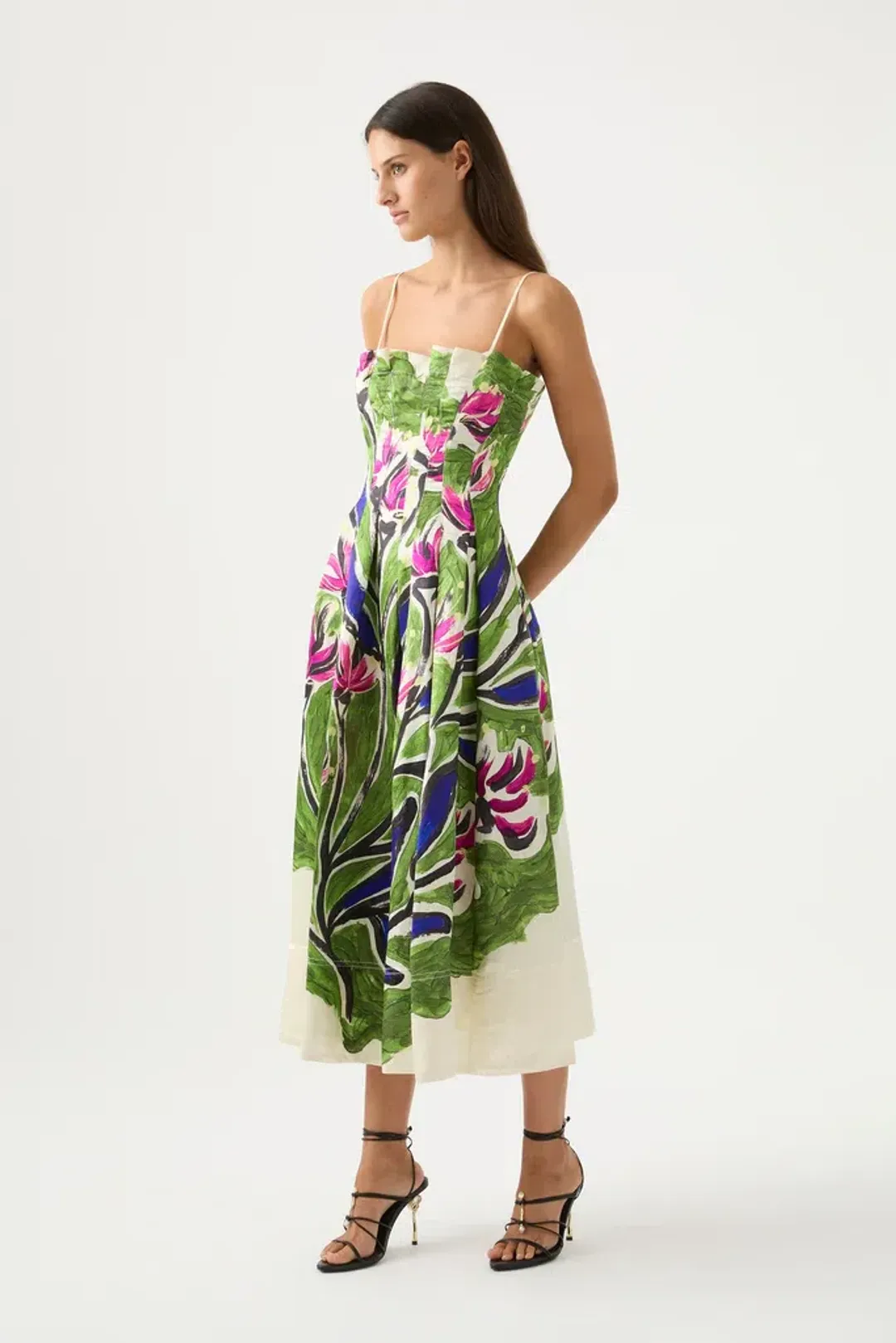 Aje Paradiso Cinched Midi Dress Sundress Green Floral Size AU 12 for rent on The Volte - main image