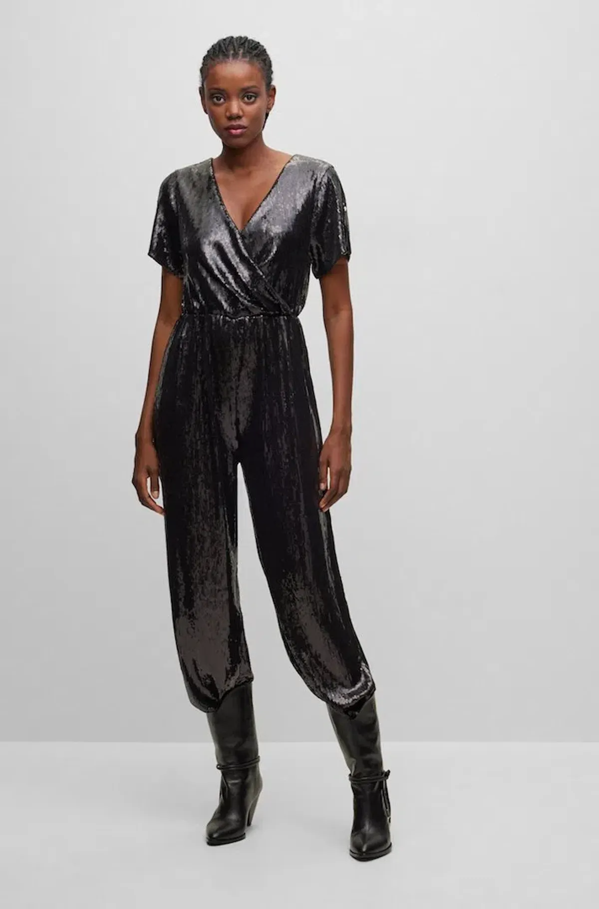 Hugo Boss Stretch Jersey Sequin Jumpsuit with Fixed Wrap Front Black Size AU 10 for rent on The Volte - main image