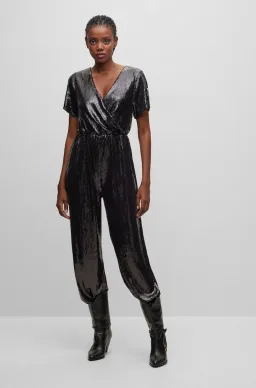 Hugo Boss Stretch Jersey Sequin Jumpsuit with Fixed Wrap Front Black Size AU 10 for rent on The Volte - image 1