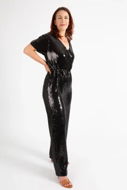 Hugo Boss Stretch Jersey Sequin Jumpsuit with Fixed Wrap Front Black Size AU 10 for rent on The Volte - image 4