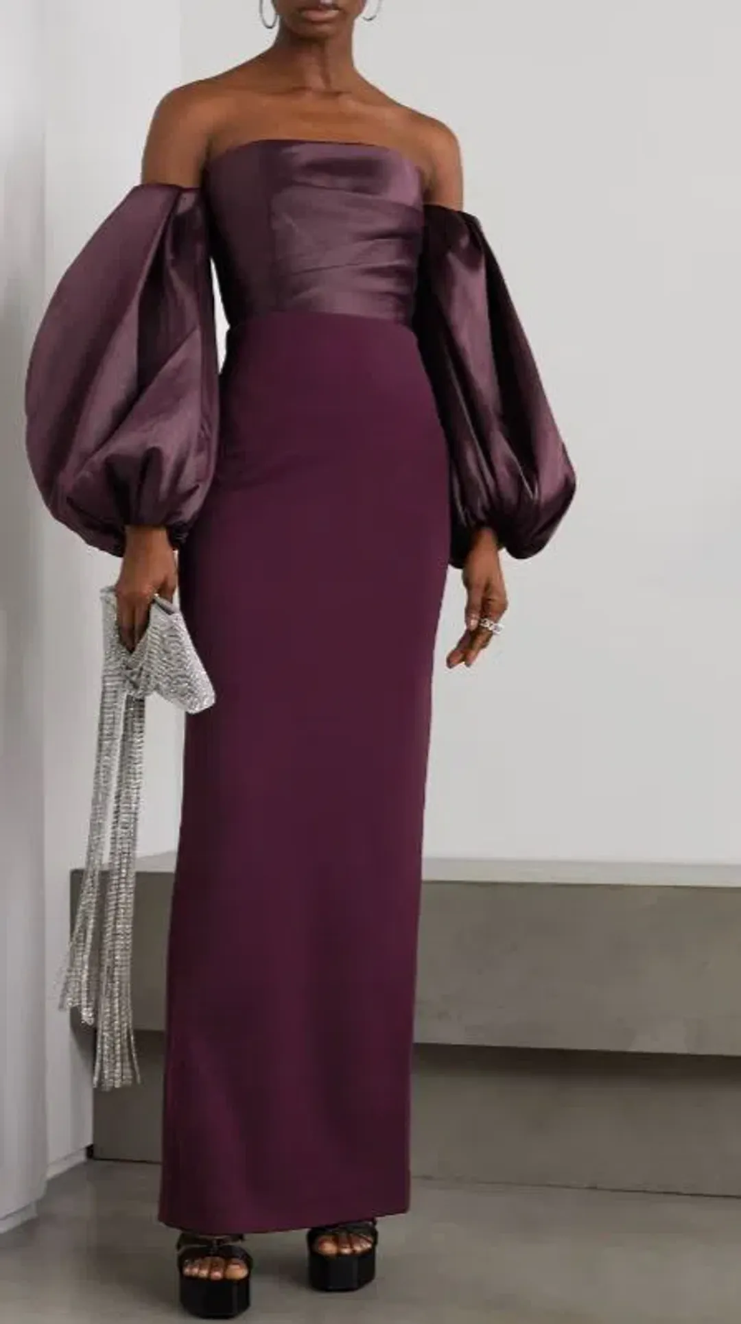 SOLACE LONDON Carmen off-the-shoulder gathered satin and crepe maxi dress for rent on The Volte - main image